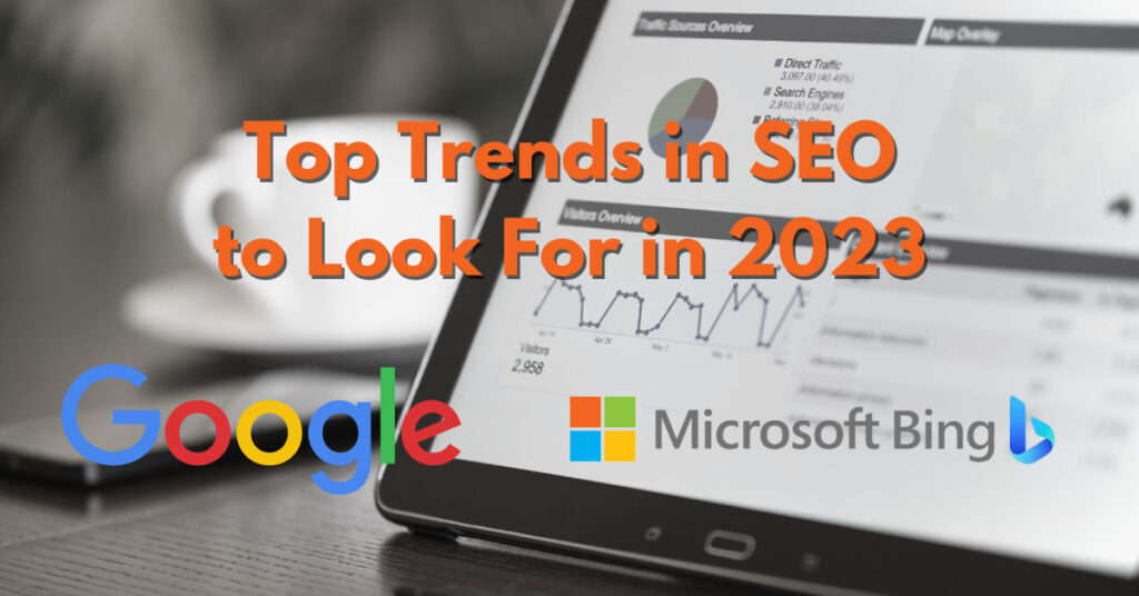 top trends in seo to look for in 2023, google and microsoft bing logo with computer in background