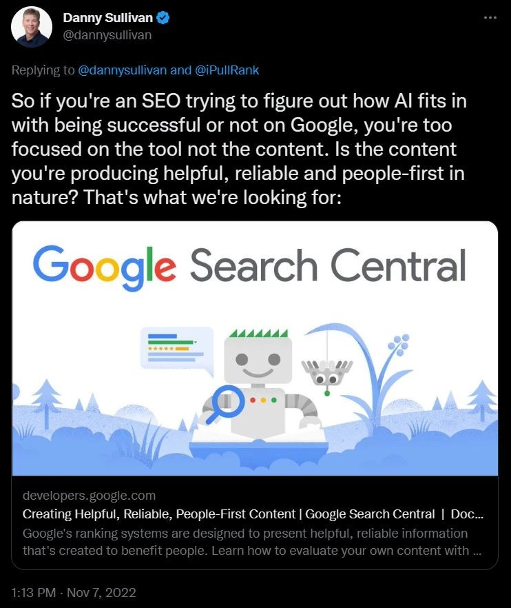 A Tweet from Danny Sullivan talk about how AI fits in with being successful on Google.