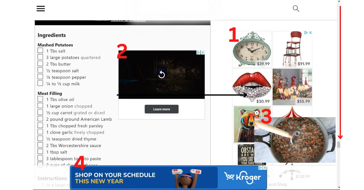 A website with a recipe and four ads which take up much of the screen.