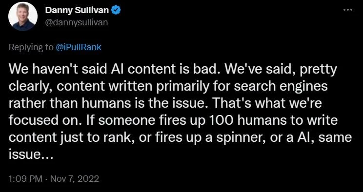 A tweet from Danny Sullivan talking about AI content.