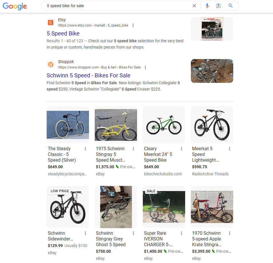 A Google search result page for 5 speed bikes.