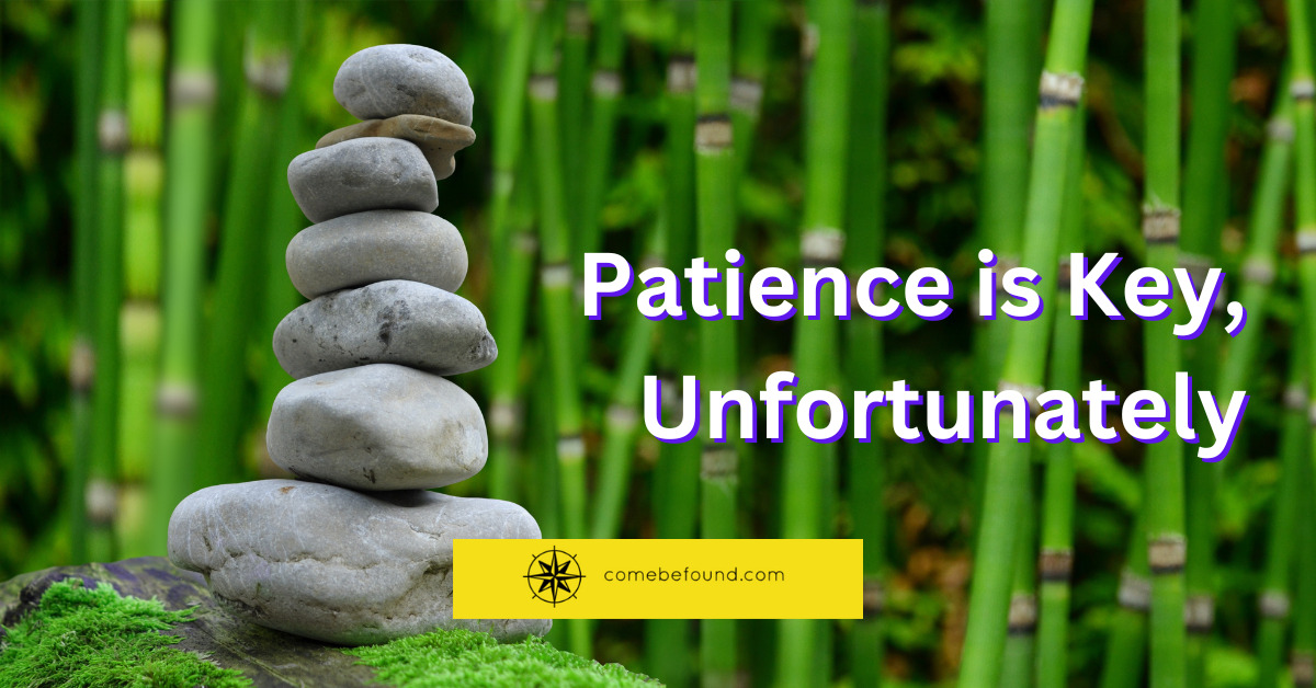 Rocks are stacked neatly in a bamboo forest. The text "Patience is key, unfortunately" is over the image with the comebefound logo.