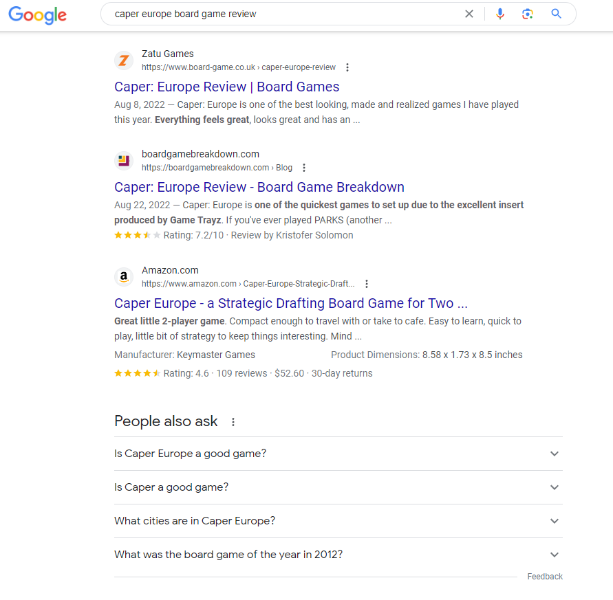 A Google results page for the caper europe board game.