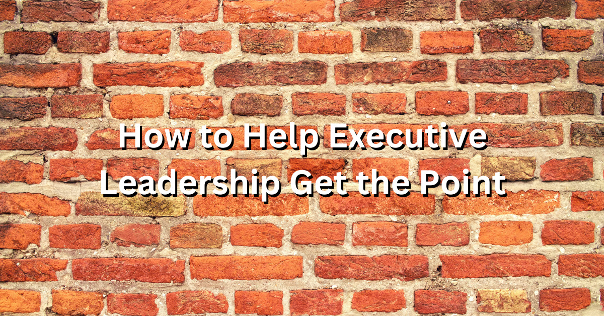 A brick wall. The text "How To Help Executive Leadership Get the Point" is highlighted.