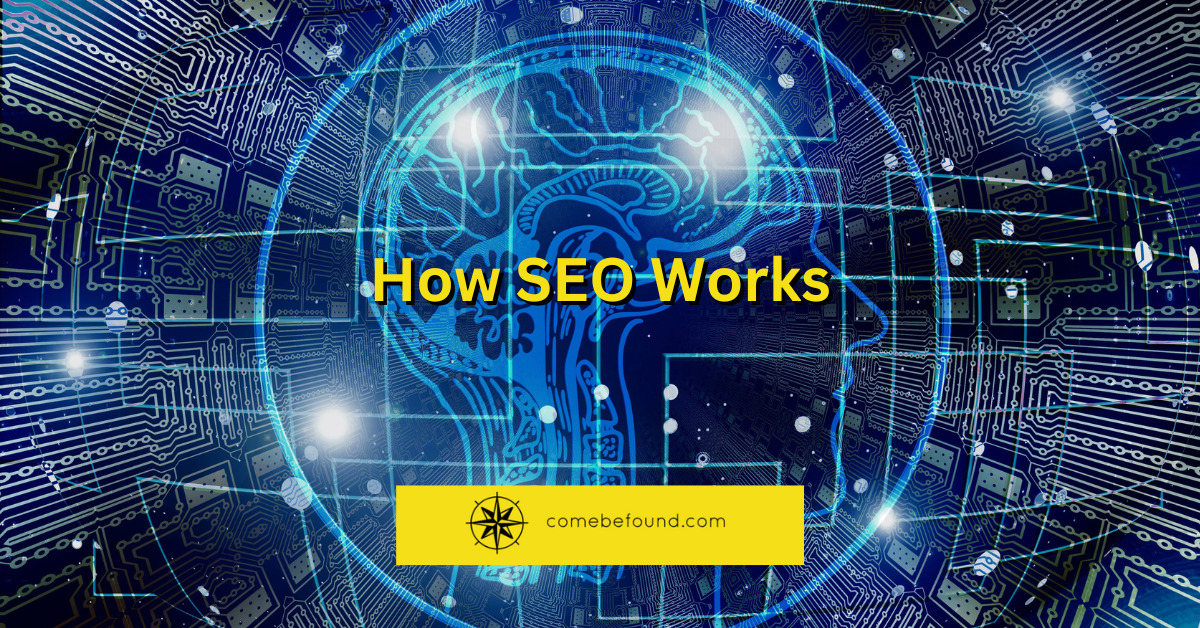 How SEO Works with an image of a human brain illustrating thoughts and the combefound logo.